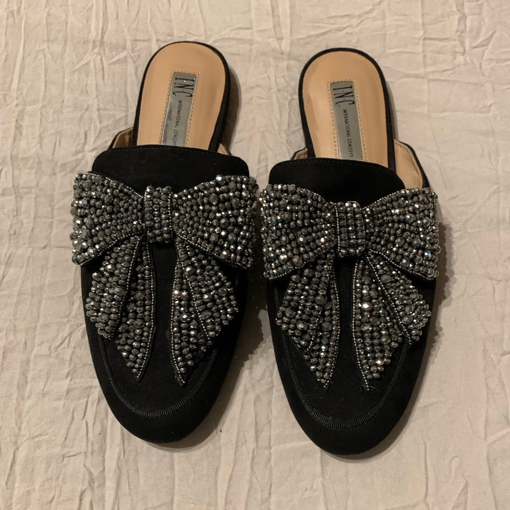 INC International Concepts Black Embellished Bow Mules